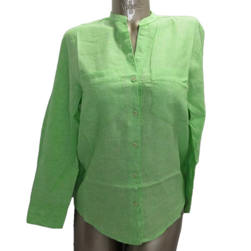 NEW TOUCHÉ Womens Button Up Shirt Green Long Sleeve Neru Neck Linen Blend Size S